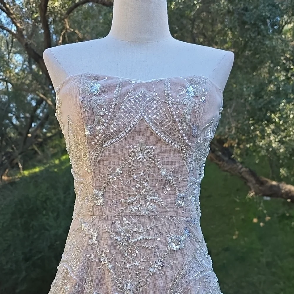 NWT $598 DRESS THE POPULATION SHERIDAN STRAPLESS GOWN DRESS IN WHITE & NUDE SZ S - Picture 3 of 11